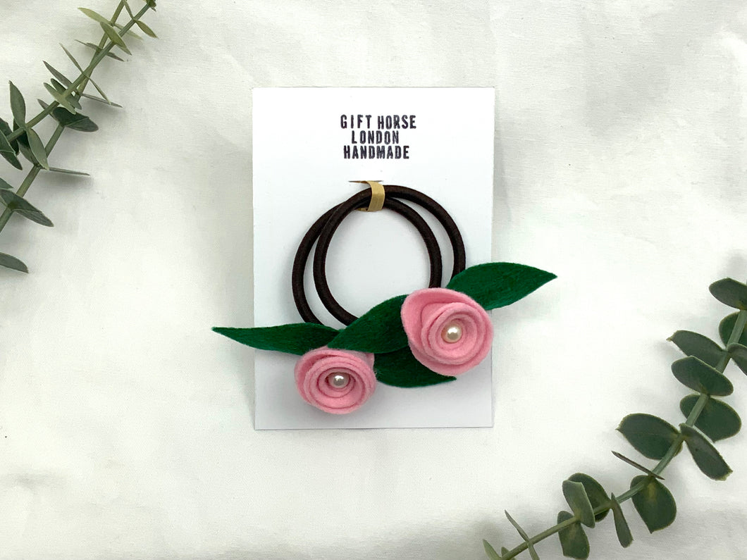 Rose Hair Band - Pastel Pink, Brown Elastic